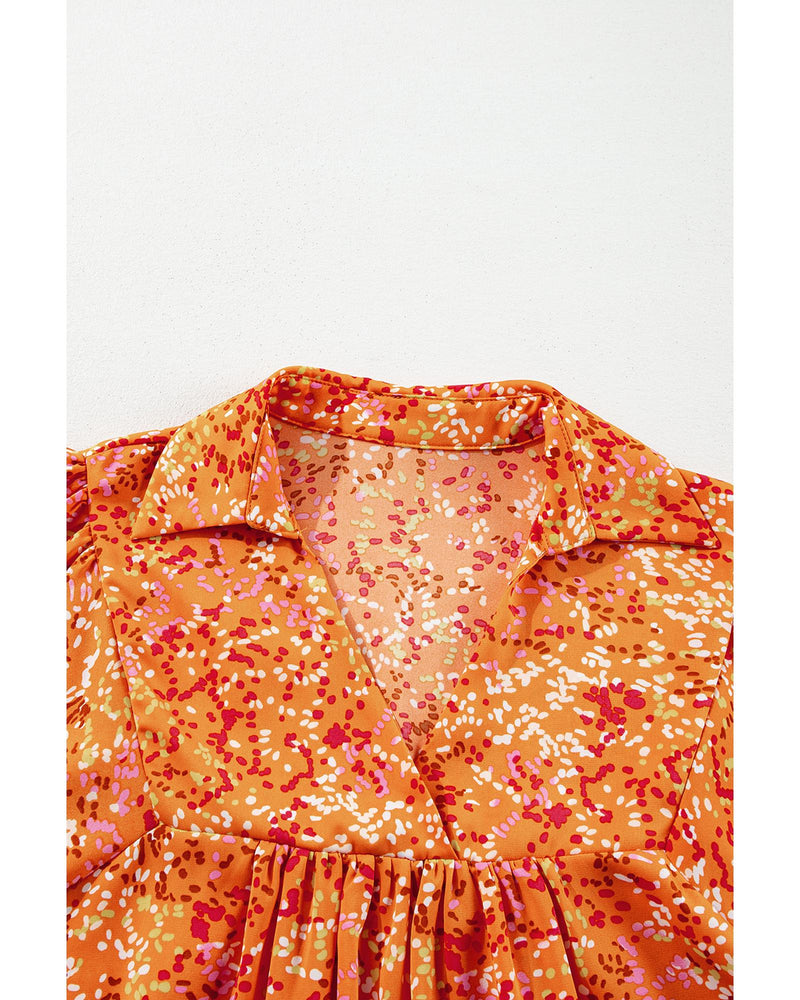 Orange Abstract Print Collared V Neck Babydoll Blouse - S