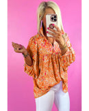 Orange Abstract Print Collared V Neck Babydoll Blouse - S