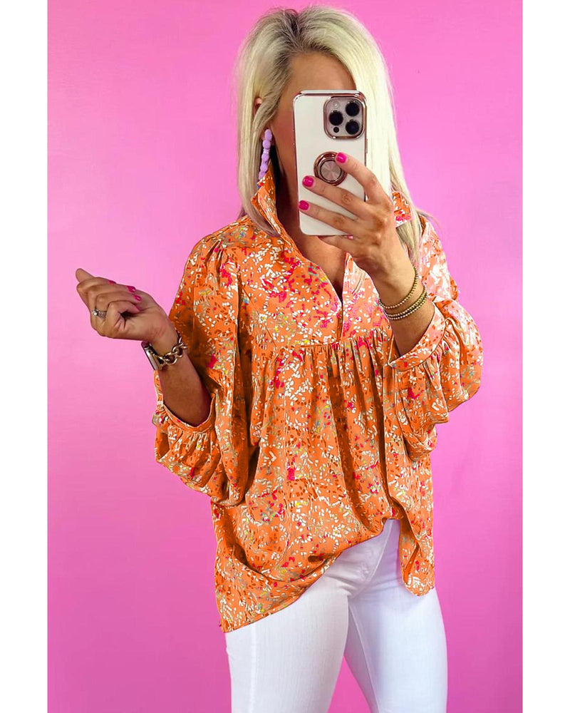 Orange Abstract Print Collared V Neck Babydoll Blouse - S
