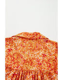 Orange Abstract Print Collared V Neck Babydoll Blouse - S