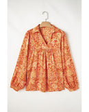 Orange Abstract Print Collared V Neck Babydoll Blouse - S