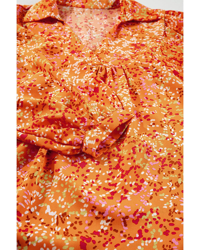 Orange Abstract Print Collared V Neck Babydoll Blouse - S