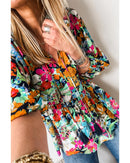 Multicolour Floral Print Bubble Sleeve V Neck Ruffled Blouse - L