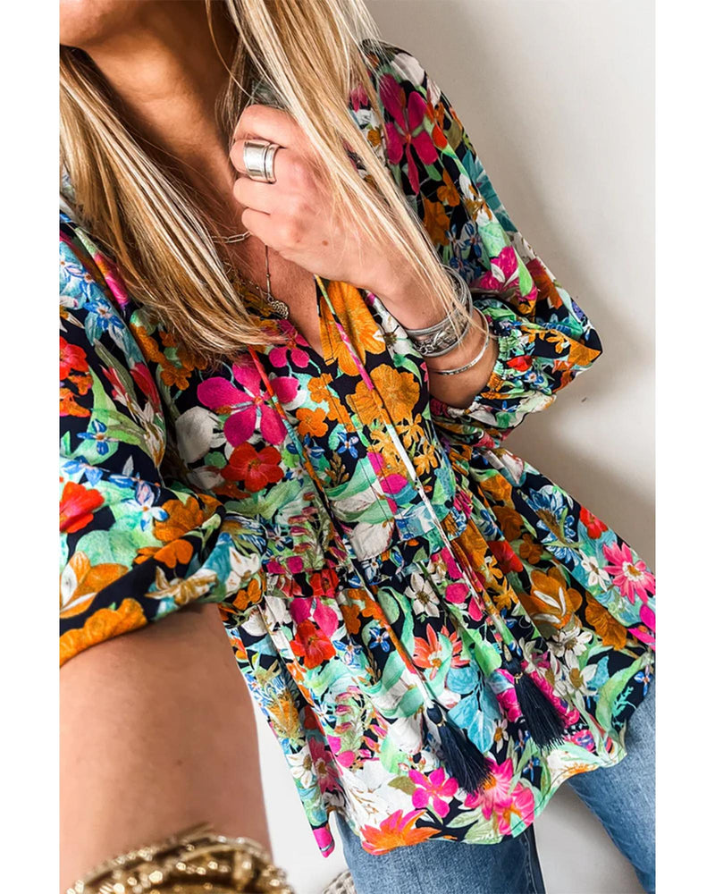 Multicolour Floral Print Bubble Sleeve V Neck Ruffled Blouse - L