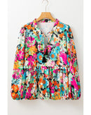 Multicolour Floral Print Bubble Sleeve V Neck Ruffled Blouse - L