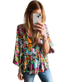 Multicolour Floral Print Bubble Sleeve V Neck Ruffled Blouse - L