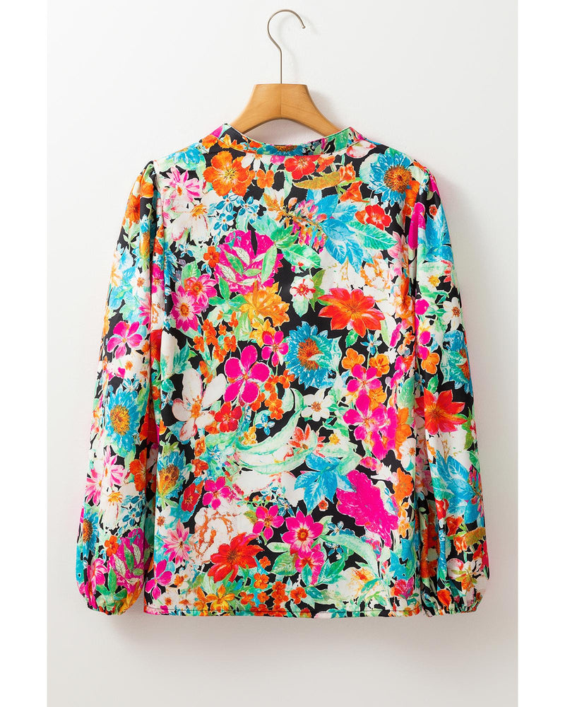 Multicolour Floral Print Bubble Sleeve V Neck Ruffled Blouse - L