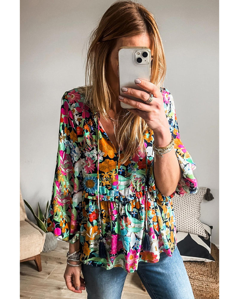 Multicolour Floral Print Bubble Sleeve V Neck Ruffled Blouse - L