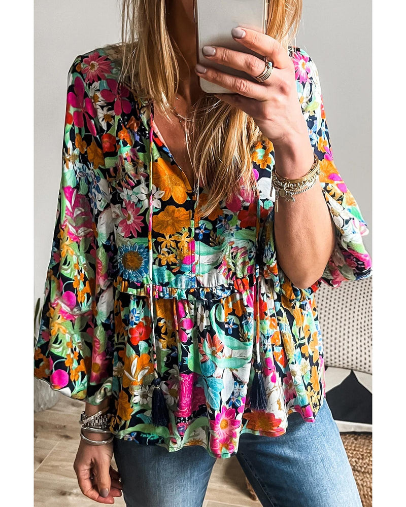 Multicolour Floral Print Bubble Sleeve V Neck Ruffled Blouse - M