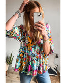 Multicolour Floral Print Bubble Sleeve V Neck Ruffled Blouse - M