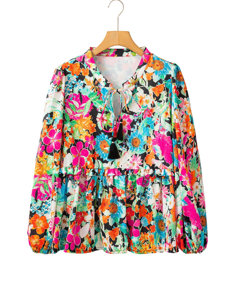 Multicolour Floral Print Bubble Sleeve V Neck Ruffled Blouse - S