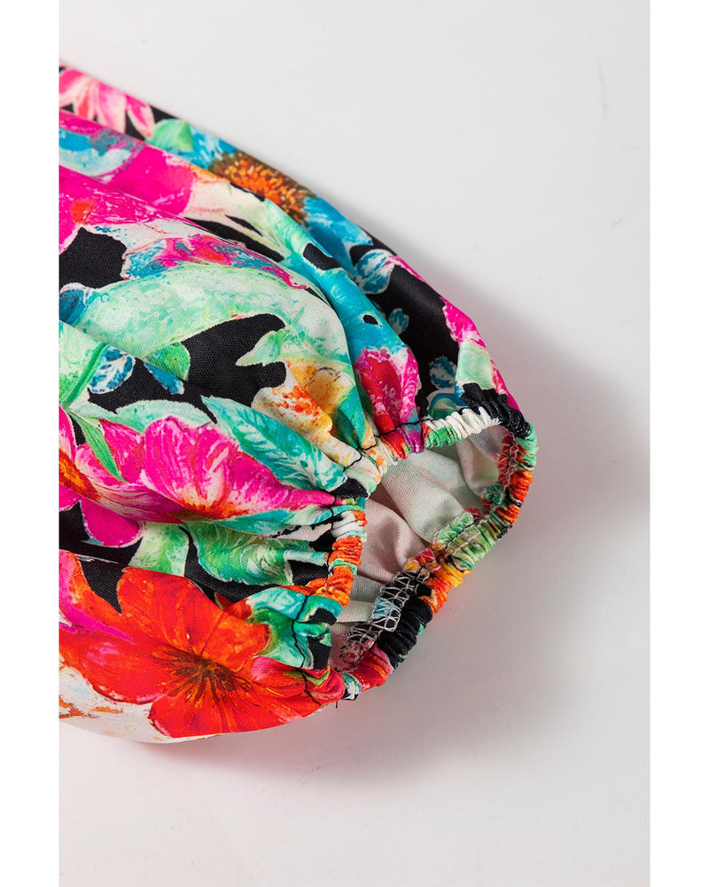 Multicolour Floral Print Bubble Sleeve V Neck Ruffled Blouse - S