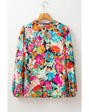 Multicolour Floral Print Bubble Sleeve V Neck Ruffled Blouse - S