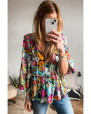 Multicolour Floral Print Bubble Sleeve V Neck Ruffled Blouse - S