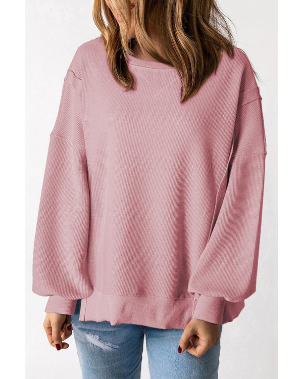 Pink Waffle Knit Bishop Sleeve Split Oversized Sweatshirt - 2XL