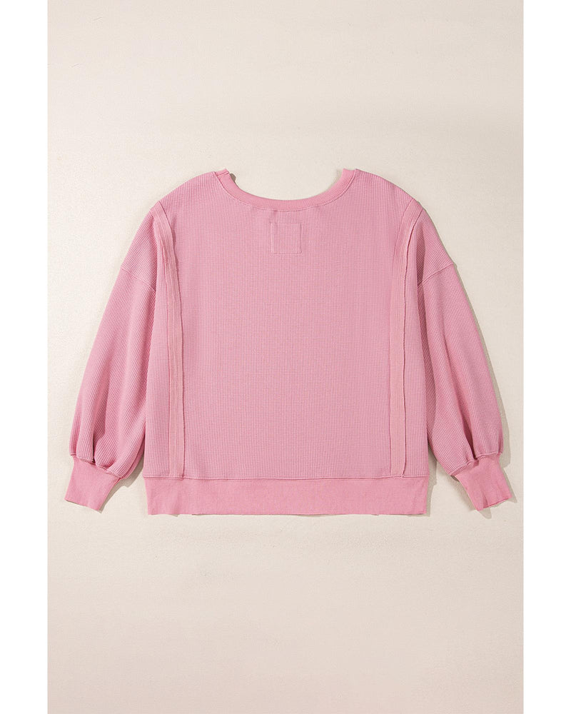 Pink Waffle Knit Bishop Sleeve Split Oversized Sweatshirt - 2XL
