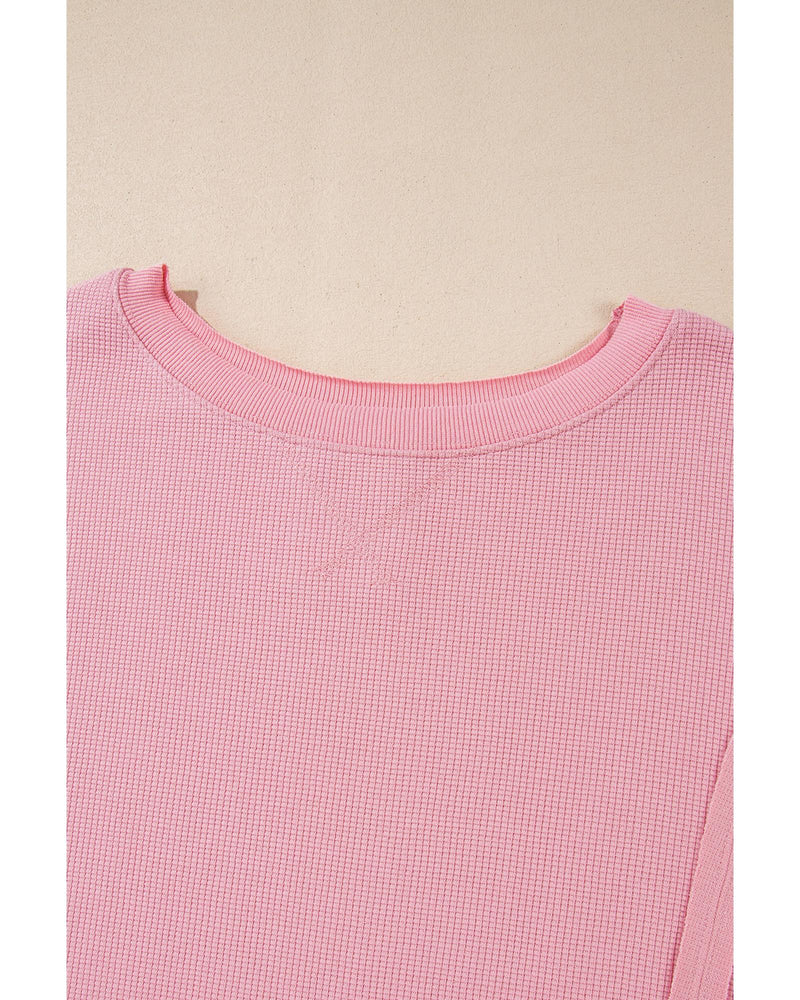 Pink Waffle Knit Bishop Sleeve Split Oversized Sweatshirt - 2XL
