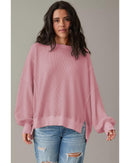 Pink Waffle Knit Bishop Sleeve Split Oversized Sweatshirt - 2XL