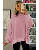 Pink Waffle Knit Bishop Sleeve Split Oversized Sweatshirt - L
