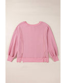 Pink Waffle Knit Bishop Sleeve Split Oversized Sweatshirt - M