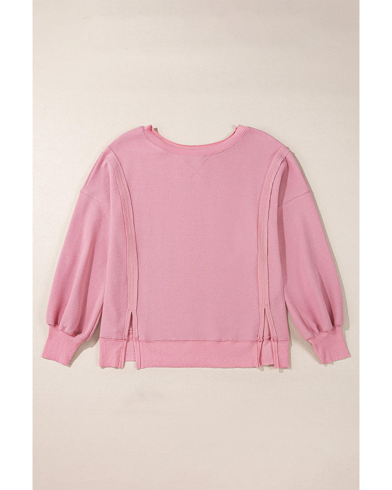 Pink Waffle Knit Bishop Sleeve Split Oversized Sweatshirt - M