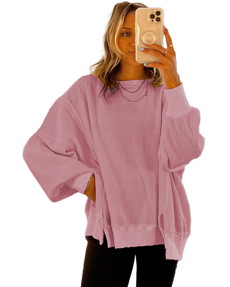 Pink Waffle Knit Bishop Sleeve Split Oversized Sweatshirt - S