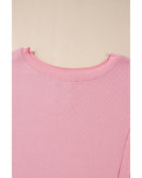 Pink Waffle Knit Bishop Sleeve Split Oversized Sweatshirt - S