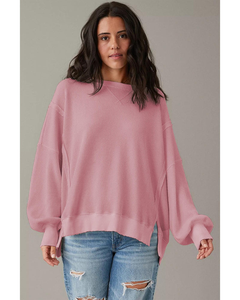 Pink Waffle Knit Bishop Sleeve Split Oversized Sweatshirt - S