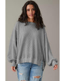 Gray Waffle knit Bishop Sleeve Split Oversized Top - M