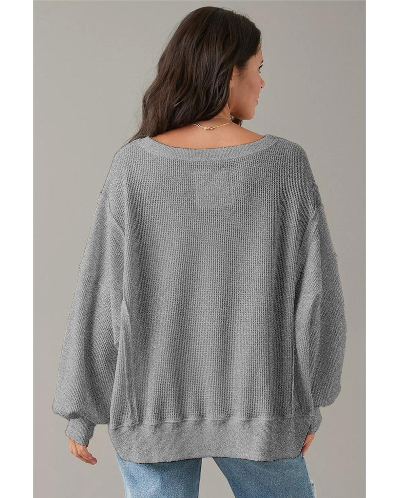 Gray Waffle knit Bishop Sleeve Split Oversized Top - M