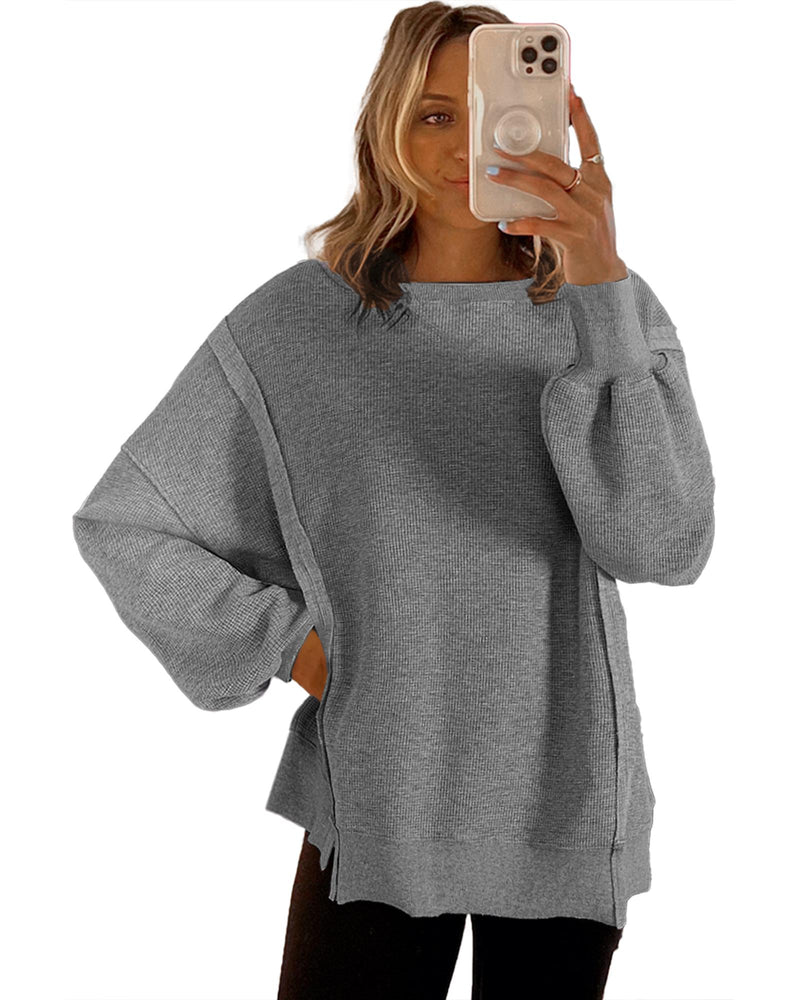 Gray Waffle knit Bishop Sleeve Split Oversized Top - M