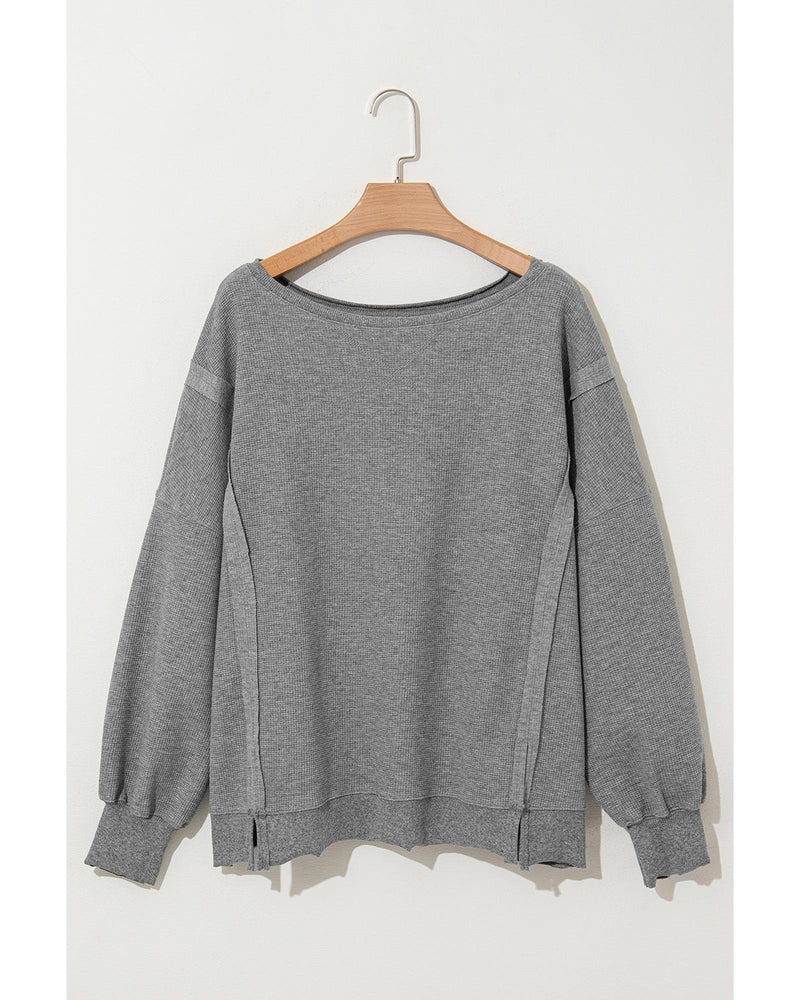 Gray Waffle knit Bishop Sleeve Split Oversized Top - S