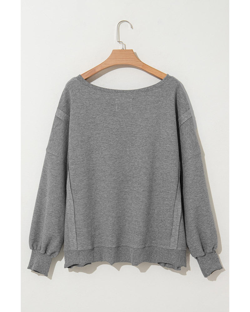 Gray Waffle knit Bishop Sleeve Split Oversized Top - XL