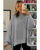 Gray Waffle knit Bishop Sleeve Split Oversized Top - XL