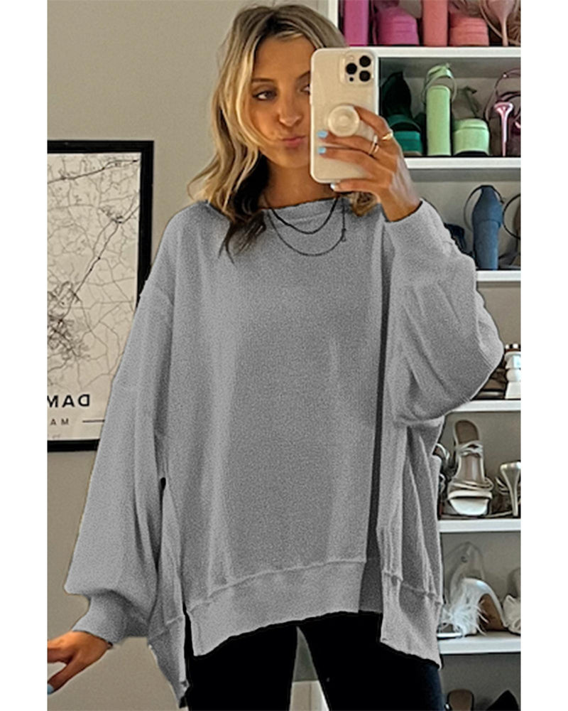 Gray Waffle knit Bishop Sleeve Split Oversized Top - XL