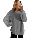 Gray Waffle knit Bishop Sleeve Split Oversized Top - XL