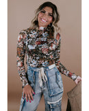 Brown Floral Long Sleeve High Neck Sheath Mesh Blouse - M