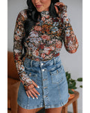 Brown Floral Long Sleeve High Neck Sheath Mesh Blouse - M