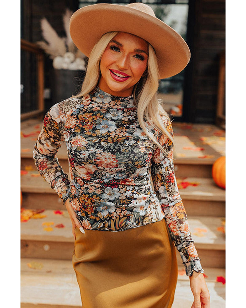 Brown Floral Long Sleeve High Neck Sheath Mesh Blouse - M
