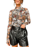 Brown Floral Long Sleeve High Neck Sheath Mesh Blouse - M