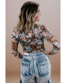 Brown Floral Long Sleeve High Neck Sheath Mesh Blouse - M