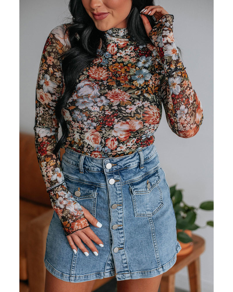 Brown Floral Long Sleeve High Neck Sheath Mesh Blouse - S