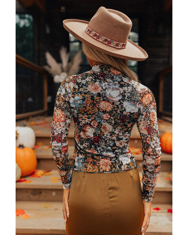 Brown Floral Long Sleeve High Neck Sheath Mesh Blouse - S