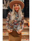 Brown Floral Long Sleeve High Neck Sheath Mesh Blouse - S