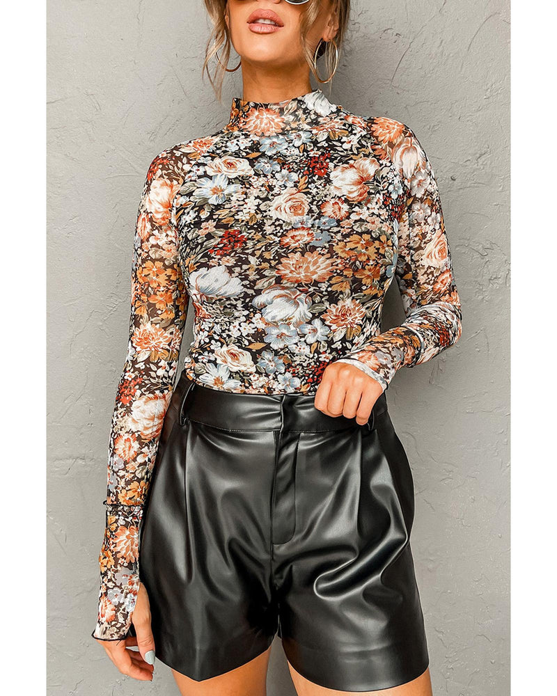 Brown Floral Long Sleeve High Neck Sheath Mesh Blouse - XL