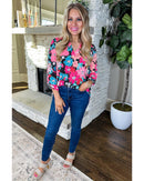 Pink Floral V Neck Roll Tab Sleeve Blouse - L