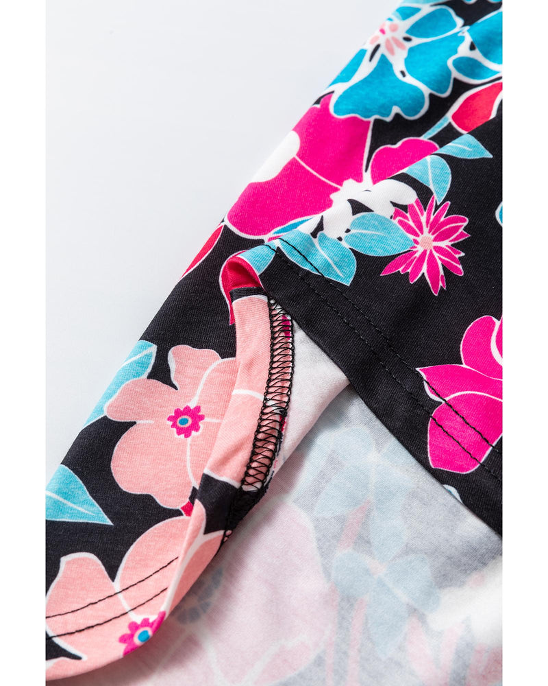 Pink Floral V Neck Roll Tab Sleeve Blouse - L