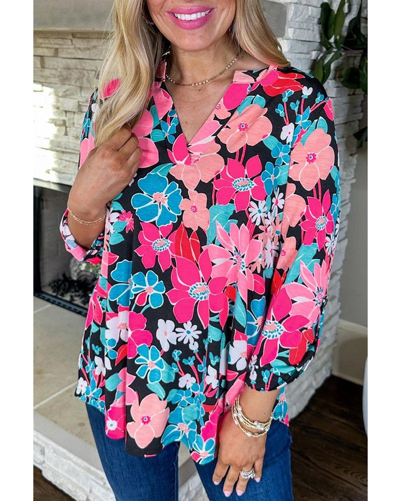 Pink Floral V Neck Roll Tab Sleeve Blouse - L