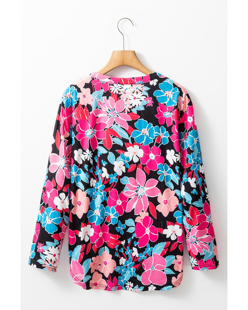 Pink Floral V Neck Roll Tab Sleeve Blouse - M