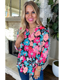 Pink Floral V Neck Roll Tab Sleeve Blouse - M